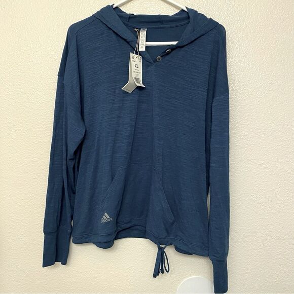 Adidas Woman’s Essentials Slub 1/4 Button blue lightweight Hoodie -XL NWT - Picture 2 of 11